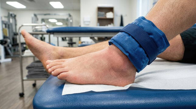 Man Applying Ice Pack to Swollen Ankle After Injury in Clinic