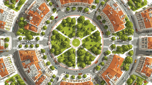 aerial view of circular park surrounded by city buildings with trees and pathways street scene