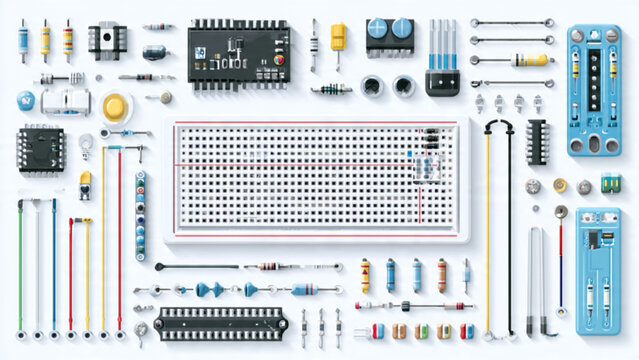 Electronics Components Circuit Elements Breadboard Wires Resistors Capacitors Microcontroller Blue and White Visual