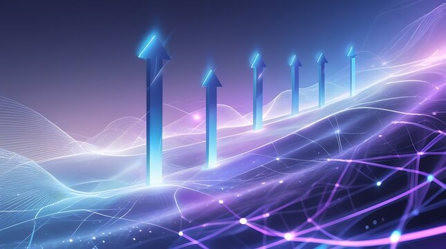 Futuristic arrows ascend on glowing abstract wavy lines, digital progress concept.