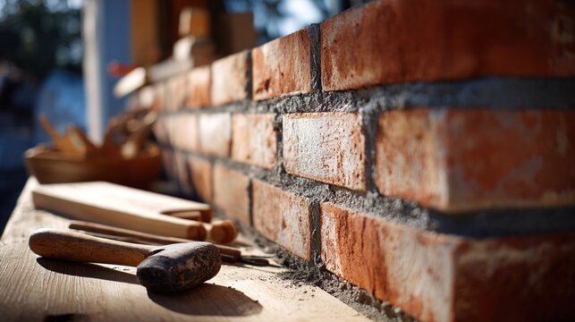mortar. Stacked brick wall section with fresh mortar lines and construction tools nearby in morning light. real-estate listings.