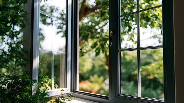 An energizing view through an open window highlights the interplay between matte and glossy surfaces emphasizing fresh air and natural light