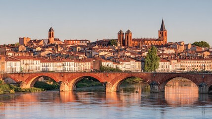 Obraz premium terracotta. Terracotta brick architecture and a stone bridge under warm sunset light. inspiring travel planning, real-estate listings, designed for interior renovation comparisons for interiors.
