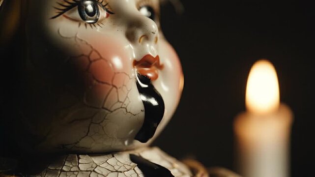 Creepy Porcelain Doll Oozing Black Liquid in Haunted Circus