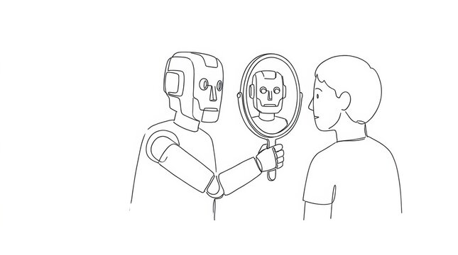 A robot holds a mirror while showing its own reflection to a young person to discuss ideas related to artificial intelligence and ethics in society.