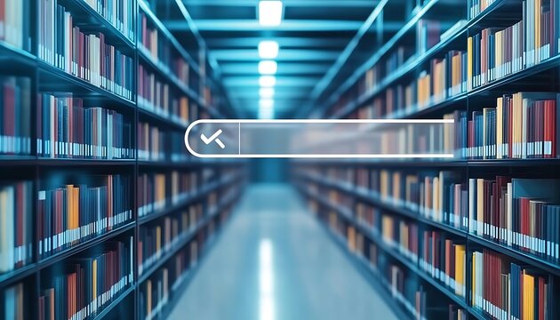 Futuristic digital search bar interface overlays rows of books in library aisle with blue light.