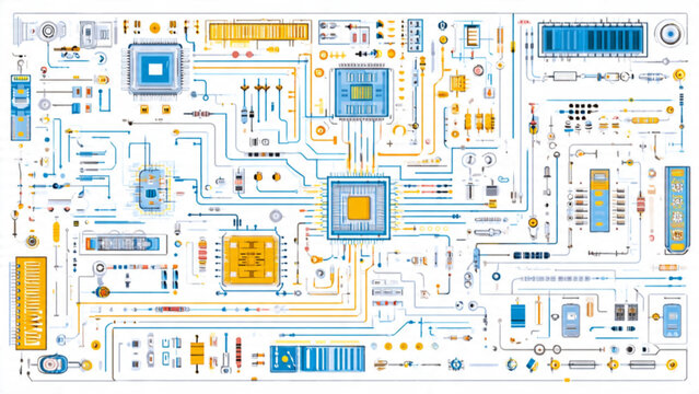 Circuit board close up showing electronic components and blue and yellow colors for technology background