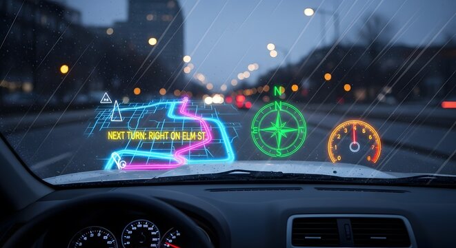 Augmented reality headsup display showing navigation and vehicle information on a rainy city street at night