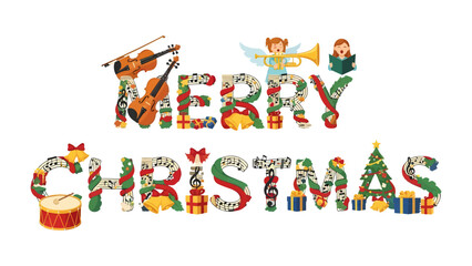 Fototapeta premium Christmas Caroling Letters: Festive typography spelling Merry Christmas adorned with musical notes, holiday gifts, a drum, and angelic figures, embodying the spirit of the season.