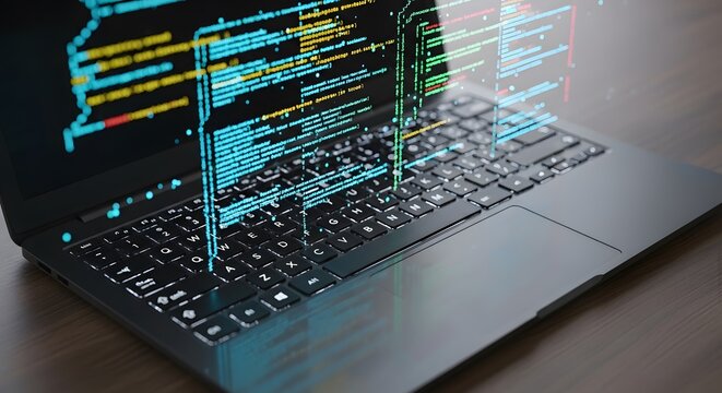 Closeup of a laptop screen displaying lines of colorful code, representing software development and technology