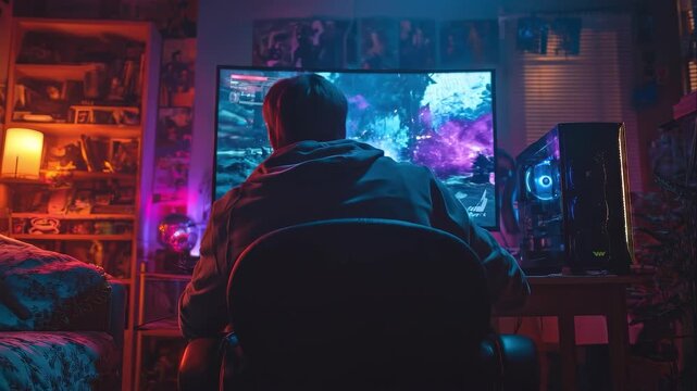 Man playing video game on computer in colorful, neon lit room. Home entertainment and digital technology concept for hobby and lifestyle. Gamer enjoy videogame. Rear back view.
