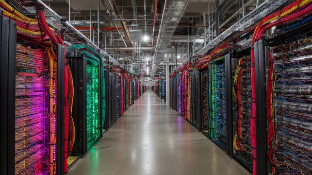 Interior view of advanced supercomputing center in texas featuring high performance server racks, glowing network infrastructure, and engineers monitoring complex computing systems in a modern high te