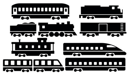Collection of train silhouettes including steam locomotive, passenger cars, and modern bullet train. © AeRo Badger