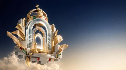 Hungary Saint Stephen's Day Holy Crown architectural structure floating in clouds with golden adornments
