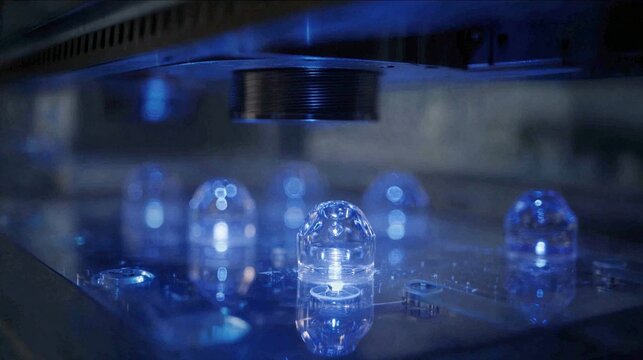 Advanced optical lenses undergoing precision polishing and inspection under blue illumination in a high-tech manufacturing facility