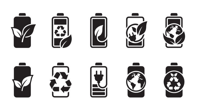 Green energy battery icons set, eco friendly power source vector symbols, recycling and renewable electricity signs in black and white