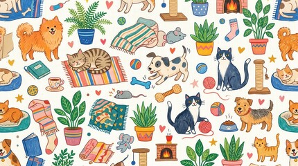 Fototapeta premium Various dogs and cats sleeping, playing, and relaxing with toys, beds, plants, and cozy items