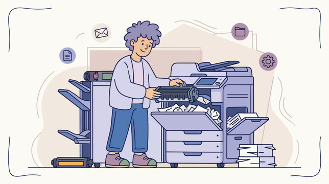 A person fixing a printer while paper output piles up with office icons floating