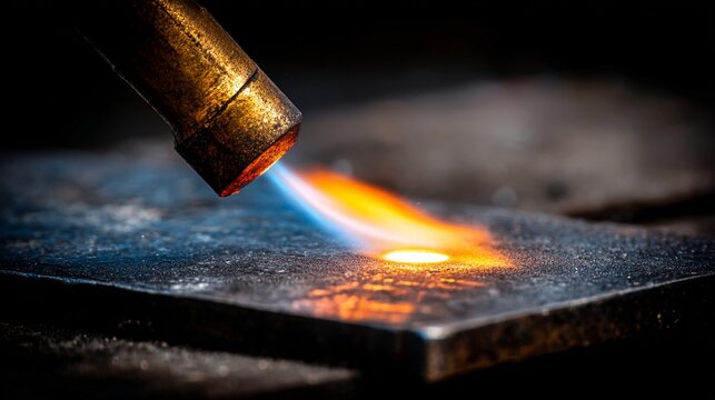 Close-up of a cutting torch flame intensely heating a metal surface with bright orange and blue colors