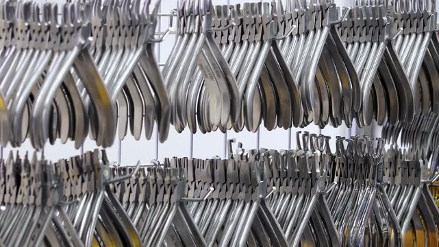 Dental pliers displayed in metal rows.