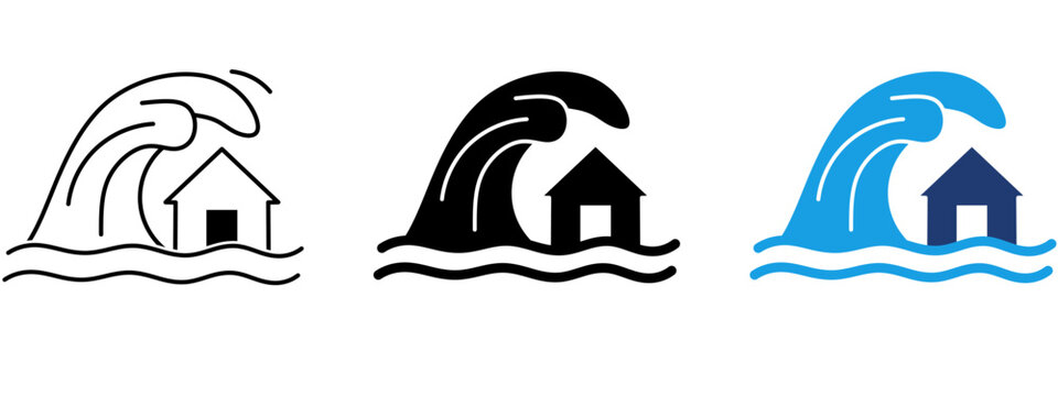 Tsunami and Flood Disaster icon collection. Containing Tidal wave, Hurricane, Storm, and Emergency icons.