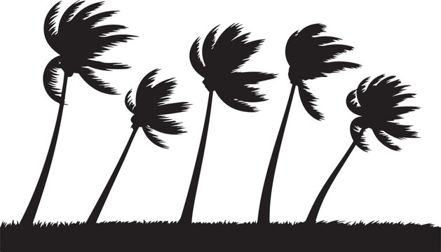 Palm trees bending in strong wind illustration