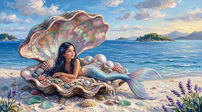 A mermaid rests beside giant pearls inside a massive seashell on a tranquil beach. This textured oil painting captures surreal beauty, mythic wonder, and serene coastal magic.
