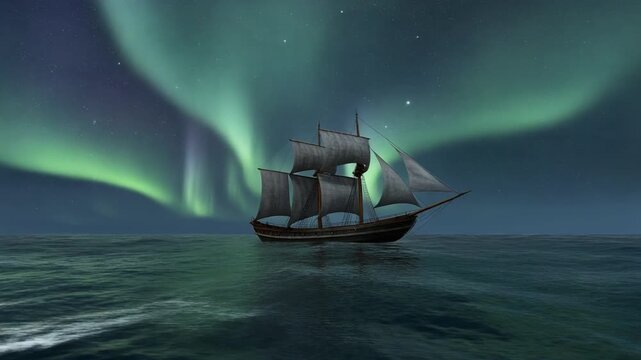 Viking ship sailing across the ocean under glowing aurora borealis