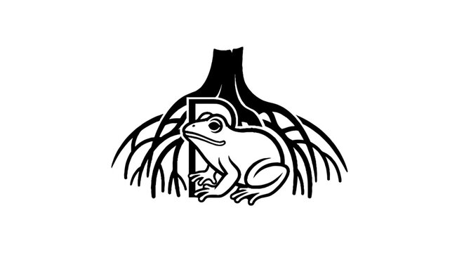 Frog resting under tree roots illustration.