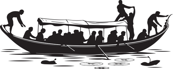 Traditional boat with rowers and passengers on water © Ranaart