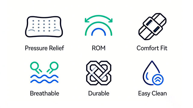 Six icons of stress relieving and comfortable protective equipment represent the concept of stress relieving and flexible, breathable, durable and easy to clean comfortable protective equipment.
