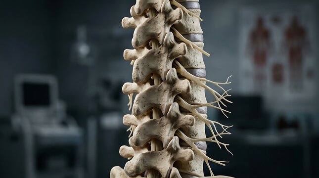 Detailed human spine anatomy model showing vertebrae and nerves