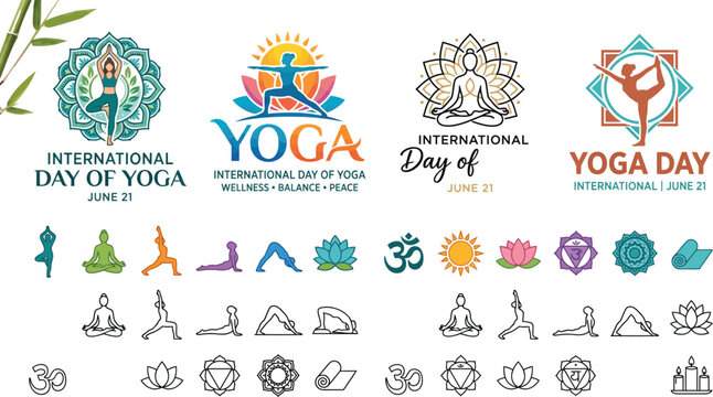 International day of yoga logos and icons with various poses

