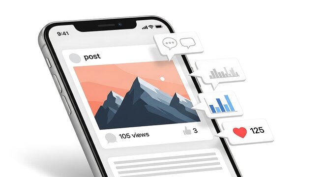 A smartphone displays a social media post with a mountain landscape photo and engagement metrics floating beside it on a white background with download.