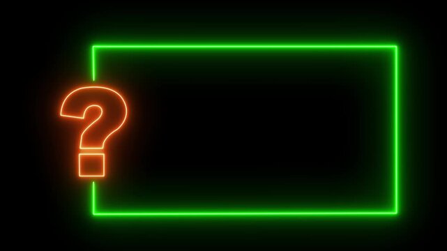 Question mark neon sign light on black background. Quiz trivia game competition. blue neon question mark frame for quizzes and FAQs. Game announcement neon message. Answer question, Examination test