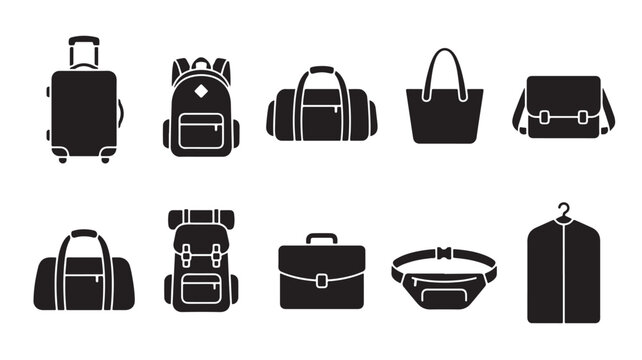 Travel Bag Icons, Luggage and Handbag Set, Vector Suitcase and Backpack Collection