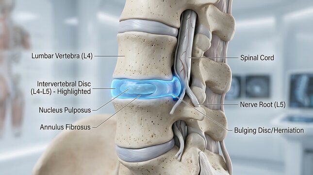 Lumbar spine anatomy showing herniated disc and vertebral structure