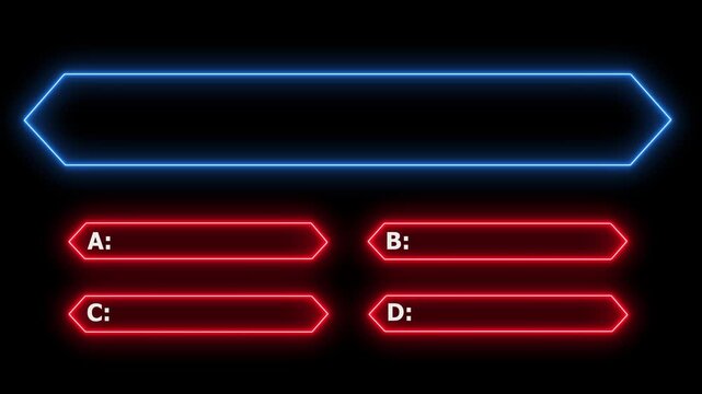 Interactive quiz neon line animation with multiple choice options on black background for challenge game template.