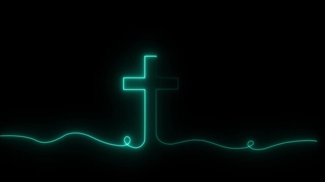 Bright glow flickering neon cross icon. Christianity symbol. Motion graphic video animation. Christian Cross Symbol Animation of an ultra hd christian cross with blue flame