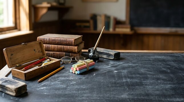 Vintage school supplies on a chalkboard desk in an old classroom