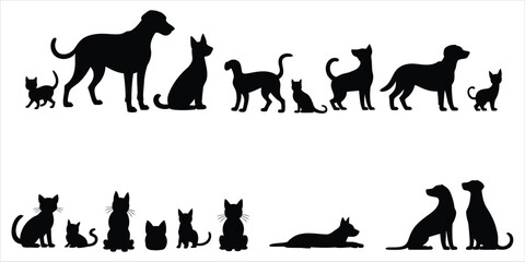 Collection of black dog and cat silhouettes in various poses on white background Keywords: dog, cat, silhouette, animal, pet, canine, feline © ripon29