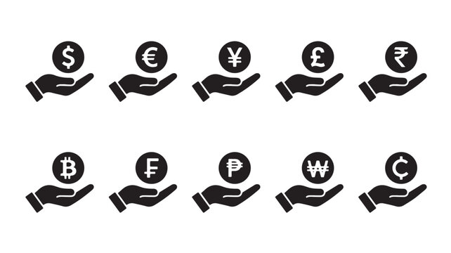 Currency icons, hand holding money symbols, financial signs, 10 global currencies