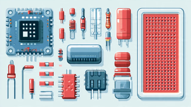 collection of electronic components with resistors capacitors microchips and circuit board on blue background