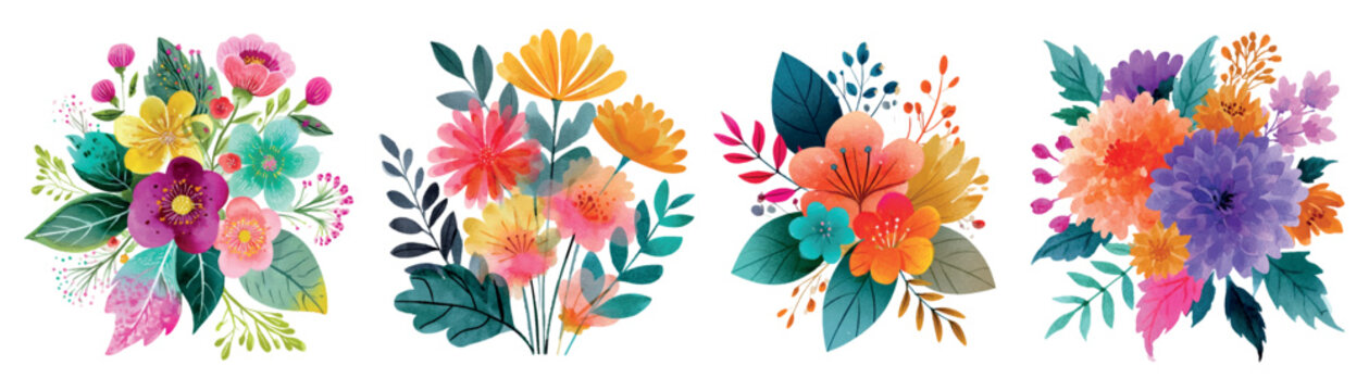 Four vibrant watercolor bouquets showcasing diverse colorful flower arrangements, celebrating spring and summer bloom, ideal for design elements and creative projects
