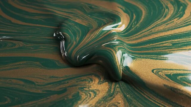 Close up of green and gold liquid paint swirl texture with shiny metallic effect and smooth flow