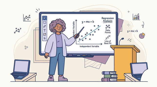 A teacher explains regression analysis with a scatter plot graphs and data points while lecturing