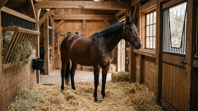 Horse Standing in Clean Stable with Soft Window Light and Rustic Wooden Interior