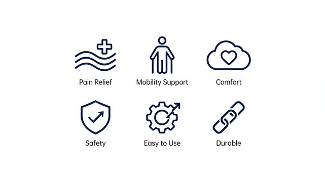 Six characteristic icons of linear rehabilitation aids represent rehabilitation products that are pain relieving, comfortable, durable, and easy to operate.
