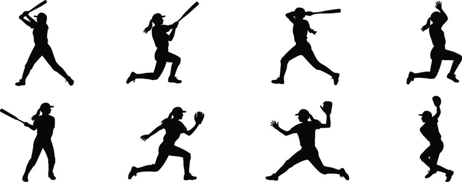 Black silhouettes of female baseball players in action on white background Keywords: baseball, player, woman, girl, silhouette, batter