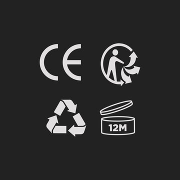 CE Mark, Triman, Recycling and 12M PAO Icon Set on Dark Background